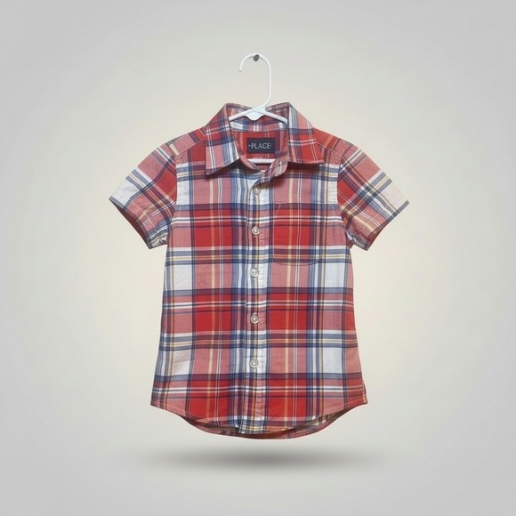 The Children's Place Other - Childrens Place Boys Red Blue Plaid Short Sleeve Button Down Shirt Size XS 4